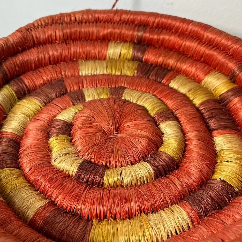Handwoven‎ Coiled Natural Fiber Colorful Orange Hanging Basket Vintage